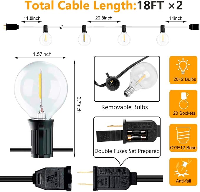 2-Pack 18Ft Outdoor Patio String Lights, UL Listed Commercial Light String - Image 2