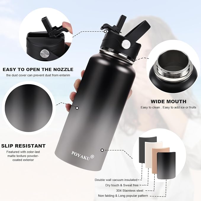 Water Bottle Insulated 32oz 40oz 64oz 128oz Straw Lid Spout Lid & 3 Lids - Image 4