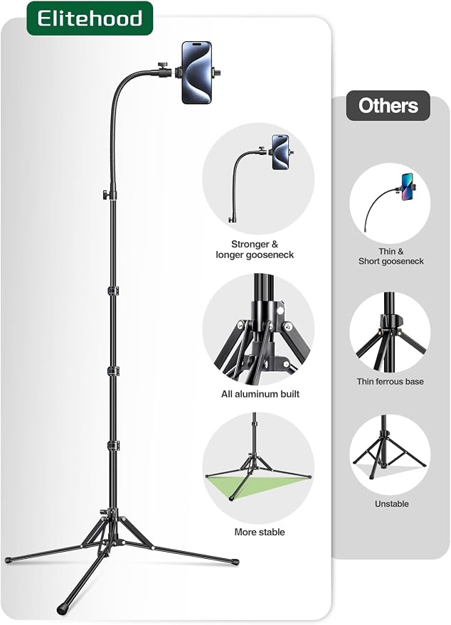 elitehood 6.8 Feet Tall Phone Stand Tripod, Aluminum iPhone Tripod, Adjustable - Image 8