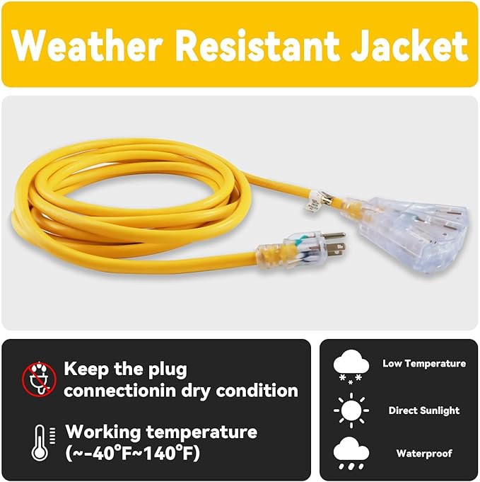 EP 20 Ft 12 Gauge Heavy Duty Extension Cord, 15A 125V 1875W, 3 Outlet - Image 5