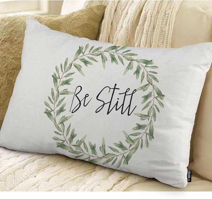 EKOBLA Rustic Be Still Rectangle Throw Pillow Case Green Olive Wreath Leaves - Image 2