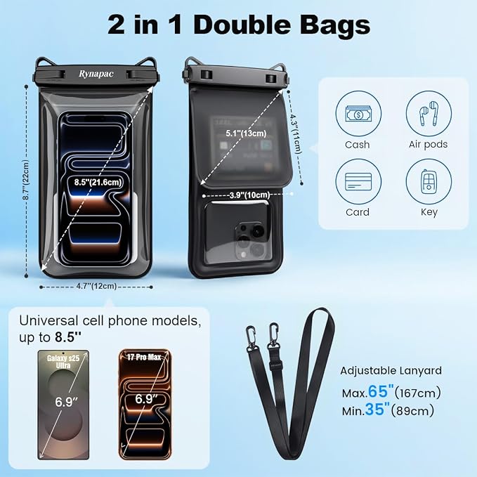 Rynapac IPX8 Waterproof Phone Pouch Floating, Double Space Waterproof Phone Case - Image 5