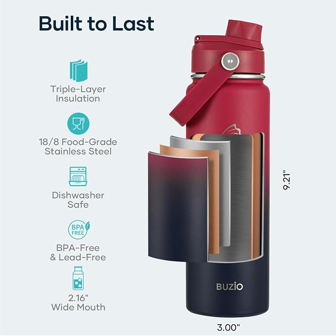 BUZIO 24 oz Insulated Water Bottle, Stainless Steel Wide Mouth Water Flask - Image 4
