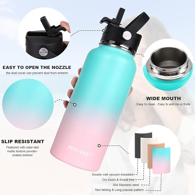 Water Bottle Insulated 32oz 40oz 64oz 128oz Straw Lid Spout Lid & 3 Lids - Image 4