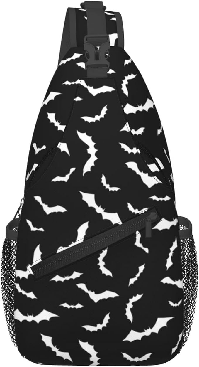 Bat Crossbody Sling Bags for Women Men White Flying Bats Silhouettes on Black by Unknown