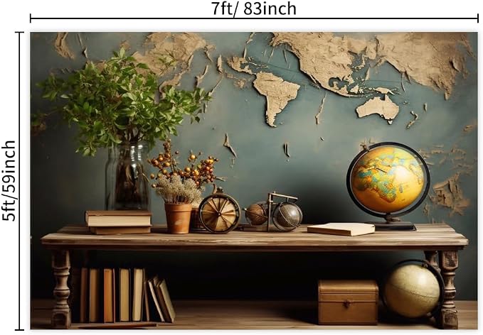 7x5ft Vintage World Map Backdrop Wooden Desk Globe Photography Background Study - Image 7