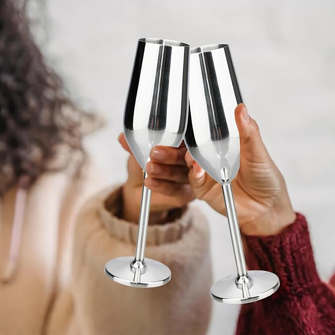 TJ Unbreakable 8 Oz Stainless Steel Champagne Flutes- Silver Champagne Glasses - Image 6