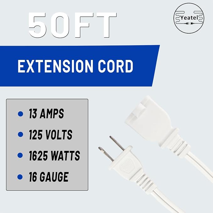 50FT White Extension Cord, 2 Prong Extension Cords Indoor, 16 Gauge SPT-2 Flat - Image 3