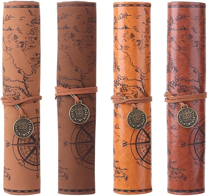 4 Color Leather Pen Case Vintage Pencil Bag Roll Map Compass Pattern Rolling by TOTUUYO