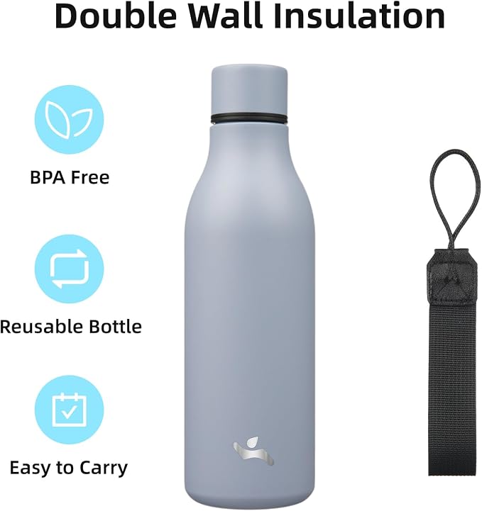 Insulated Water Bottle with Strap, 18 oz Double Wall Stainless Steel Vacuum - Image 3