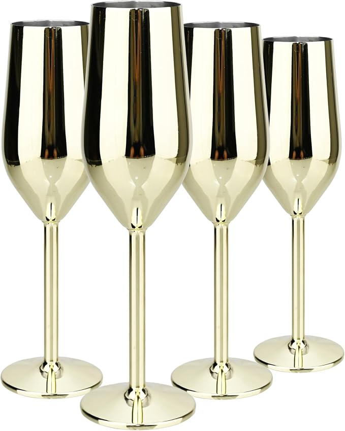 TJ Unbreakable 8 Oz Stainless Steel Champagne Flutes- Gold Champagne Glasses by TJ