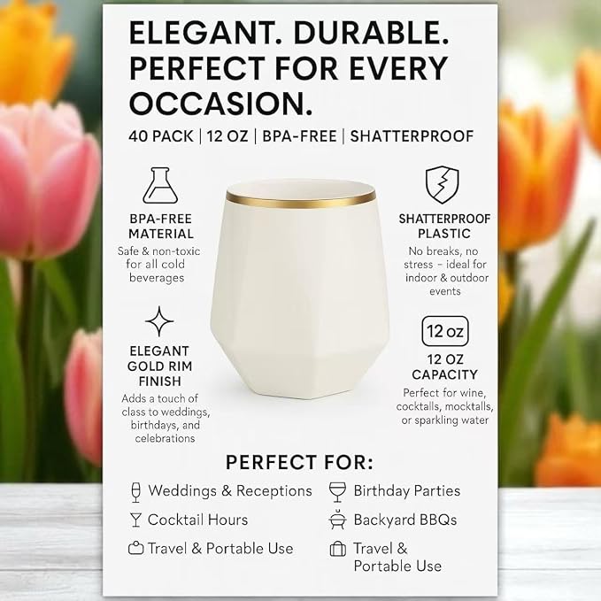 Oojami 40 Pack Diamond Stemless Plastic Wine Glasses Gold Rim, 12 Oz Disposable - Image 3