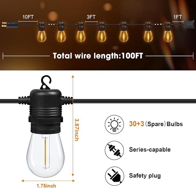 GvvooHome 100FT LED Outdoor String Lights, Commercial Grade Patio Lights - Image 6