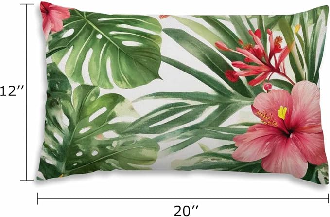 EKOBLA Watercolor Tropical Floral Pillow Cover Hawaii Palm Tree Hibiscus Square - Image 2