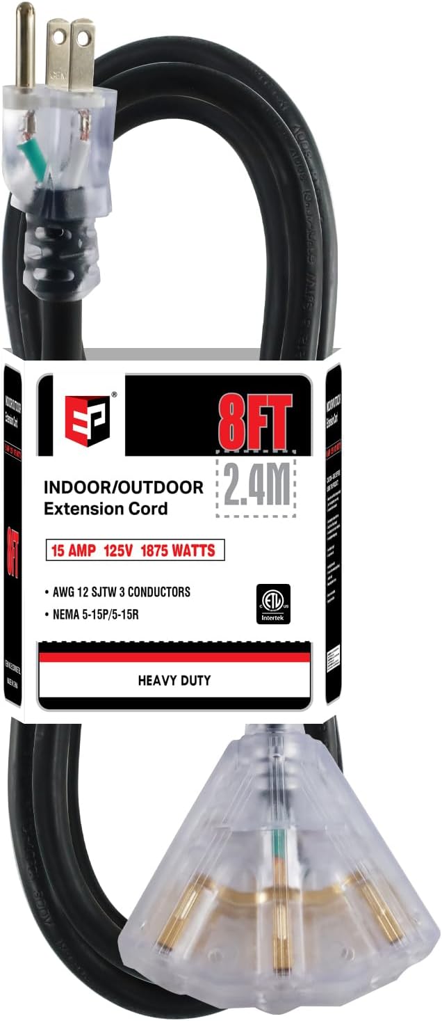 EP 8 Ft 12 Gauge Heavy Duty Extension Cord, 15A 125V 1875W, 3 Outlet by ENERGYPRO