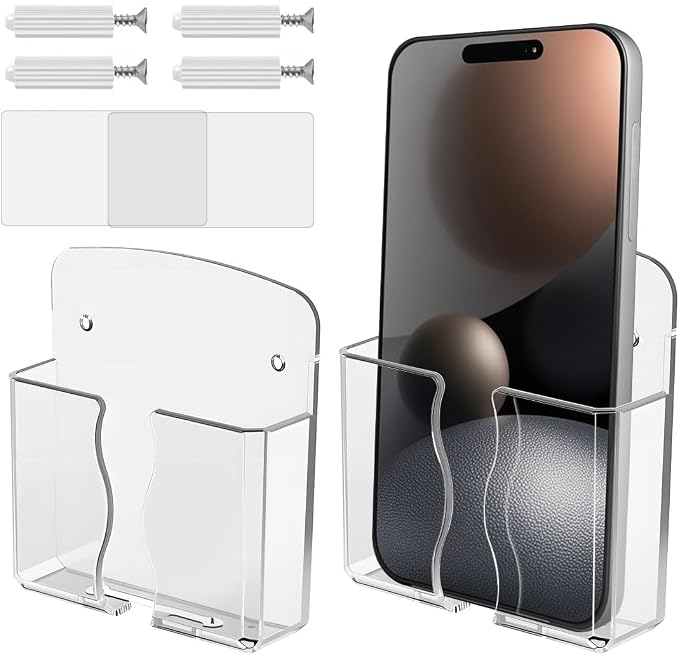 2 Pcs Clear Wall Mount Phone Holders, Self Adhesive Plastic Stand, Compatible by ITATIOLFY