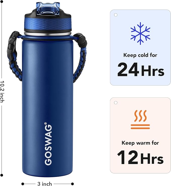 GOSWAG Insulated Sports Water Bottle, 24oz 2 Lids, Stainless Steel Water Bottles - Image 2