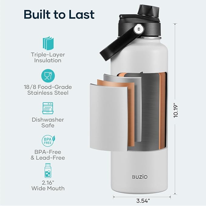BUZIO 40 oz Water Bottle Insulated, Triple Wall Vacuum Stainless Steel Flask - Image 4