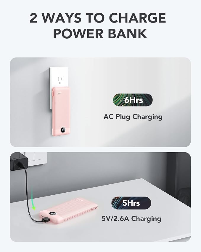 VRURC Portable Charger Built-in Cables and AC Wall Plug, USB C Power Bank - Image 4
