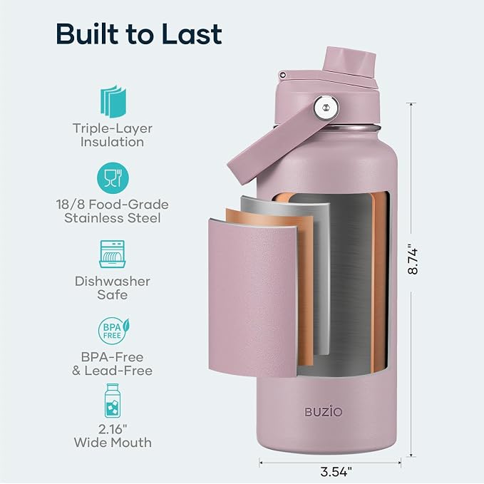 BUZIO 32 oz Water Bottle Insulated, Leakproof Stainless Steel Flask, Wide Mouth - Image 4