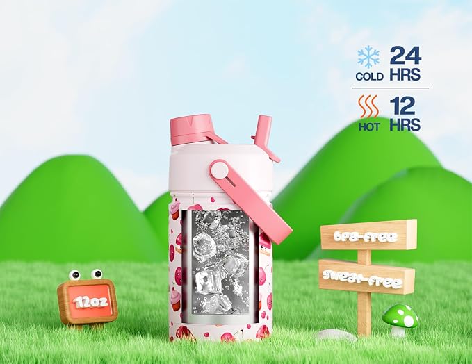 12 oz Insulated Water Bottle for Kids: 2-in-1 Straw Spout Lid, Spill-proof - Image 4