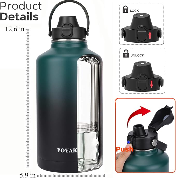 Water Bottle Insulated 32oz 40oz 64oz 128oz Straw Lid Spout Lid & 3 Lids - Image 2
