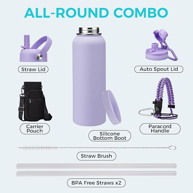 Stainless Steel 40 oz Water Bottle, Lilac Purple | - Image 2