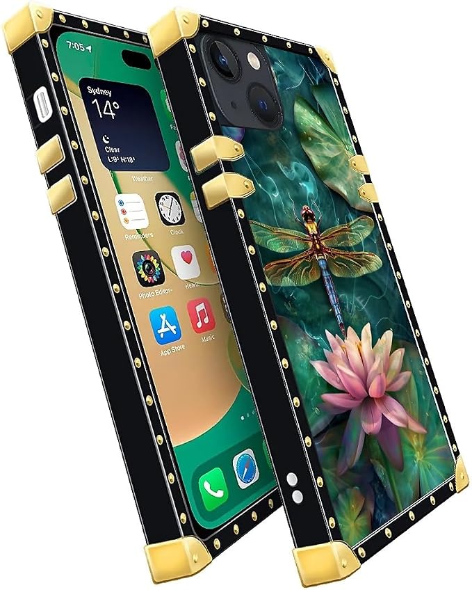 Compatible with iPhone 14 Case, Colourful Dragonfly Pink Lily Pads Luxury - Image 3