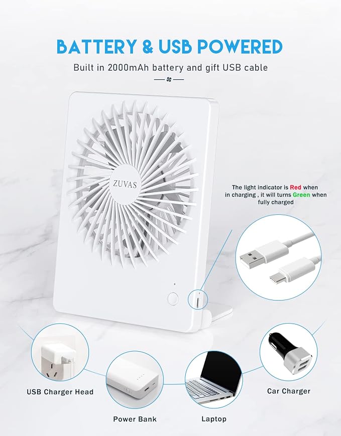 Zuvas Desk Fan Battery Operated Fan Rechargeable 180°Tilt Folding Personal Fan - Image 4