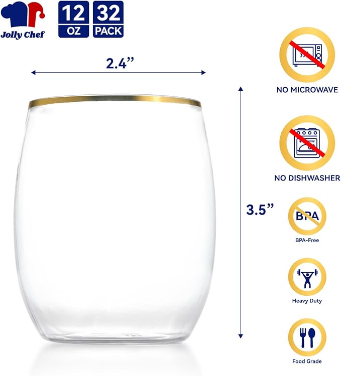 JOLLY CHEF 32 Pack 12oz Gold Plastic Wine Glasses Stemless, Disposable Wine - Image 2