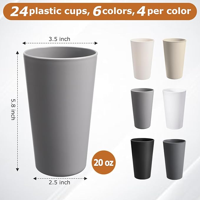 24 Pcs Unbreakable Plastic Cups Set, 20 oz Reusable Plastic Cups, Stackable - Image 2