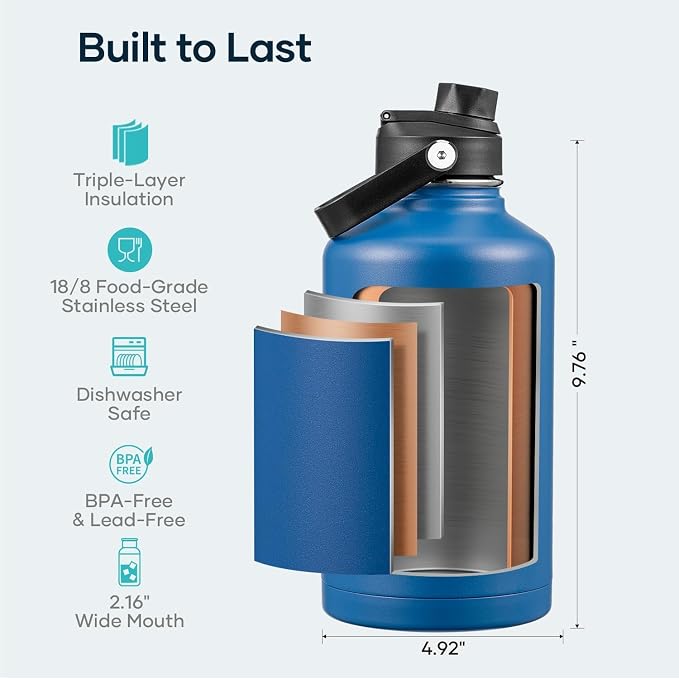 BUZIO Vacuum Insulated Stainless Steel Water Bottle, 64oz Double Walled Wide - Image 4