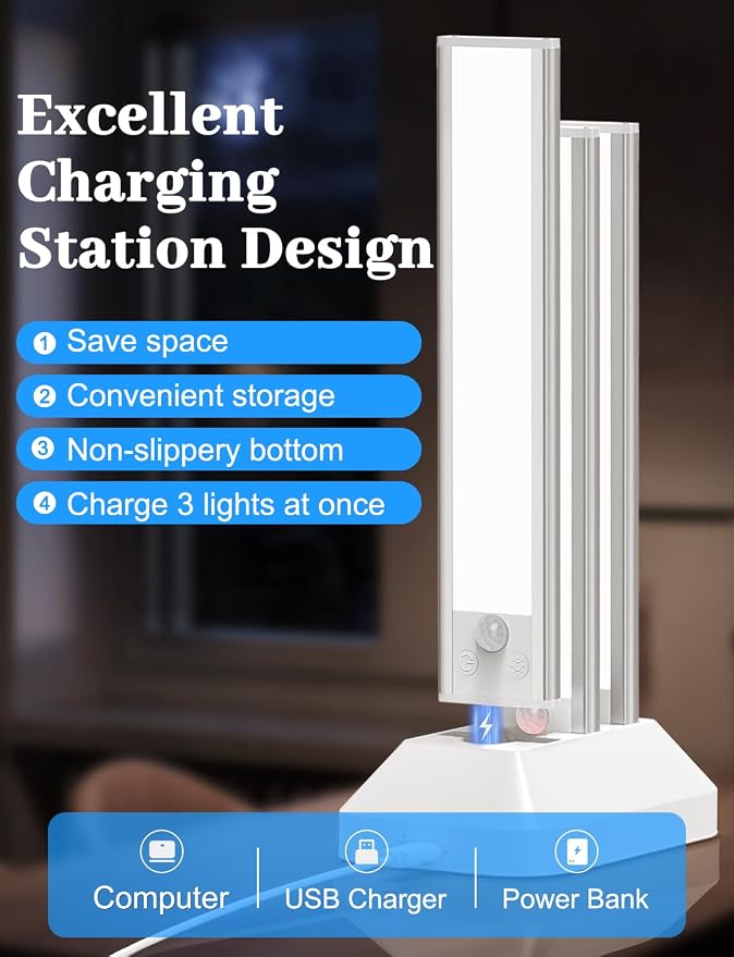 Under Cabinet Lighting with Charging Station, 2200mAh Rechargeable Motion - Image 2