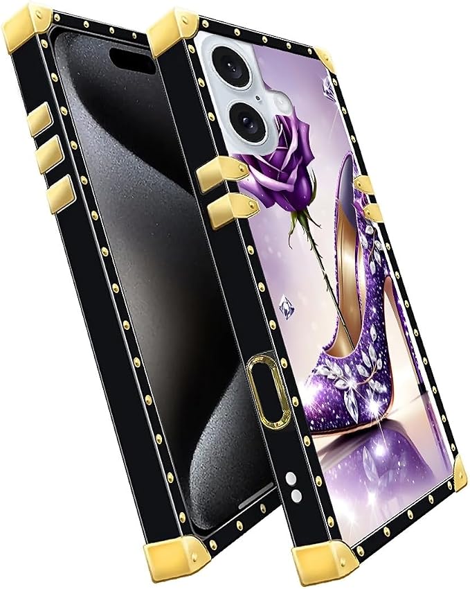 Compatible with iPhone 16 Case, High Heeled Purple Diamond Rose Luxury Golden - Image 3