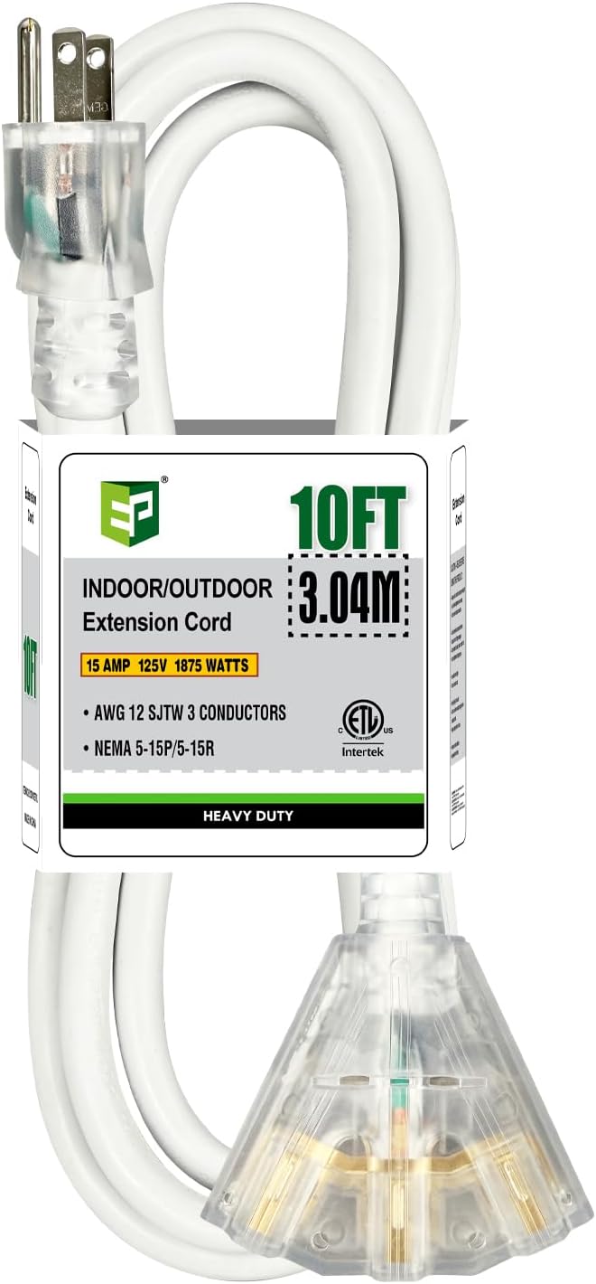 EP 10FT 12 Gauge Heavy Duty Extension Cord, 15A 125V 1875W, 3 Outlet by ENERGYPRO