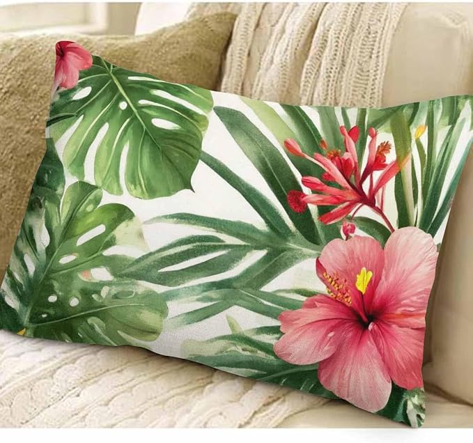 EKOBLA Watercolor Tropical Floral Pillow Cover Hawaii Palm Tree Hibiscus Square - Image 3