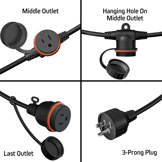 50FT Black Outdoor Extension Cord, Evenly Spaced 6 Outlets Plugs - Image 4