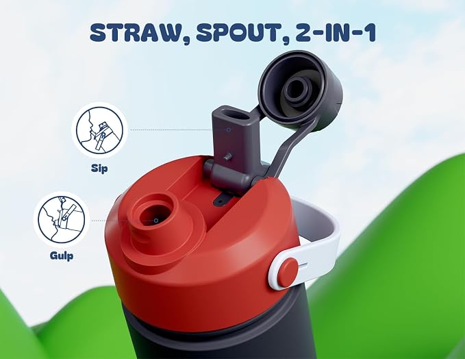 12 oz Kids Metal Water Bottle for Boys: 2-in-1 Straw Spout Lid, Spill-Proof - Image 3