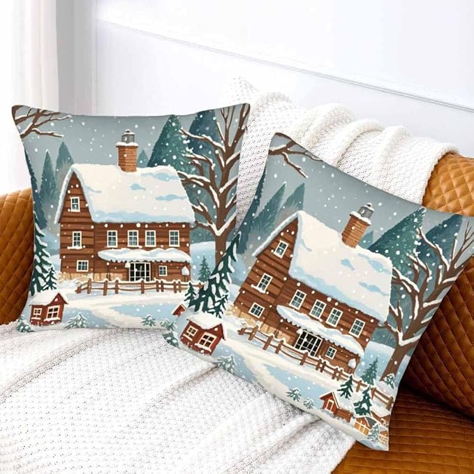 Farmhouse Throw Pillow Covers 18x18 Winter Snow Tree Set of 2 Pillow Cases - Image 2