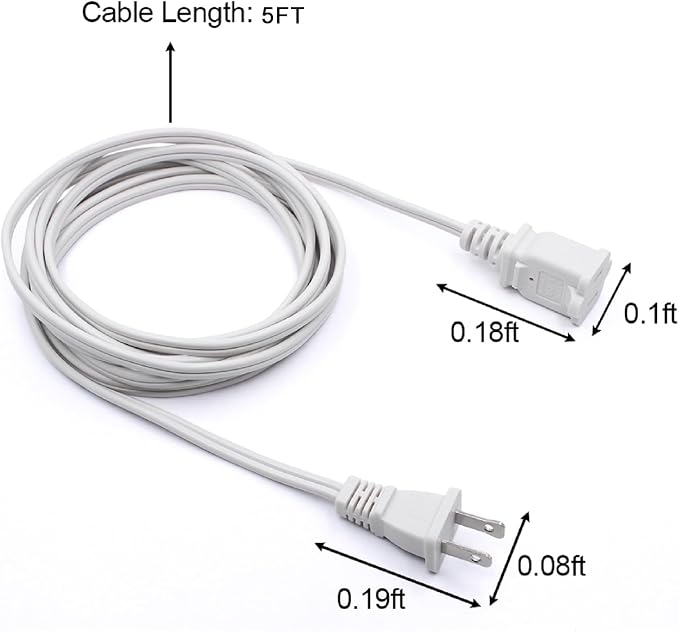 2Pack 2 Prong Extension Cord 5ft, Indoor Small and Slim Power Cable Male/Female - Image 2