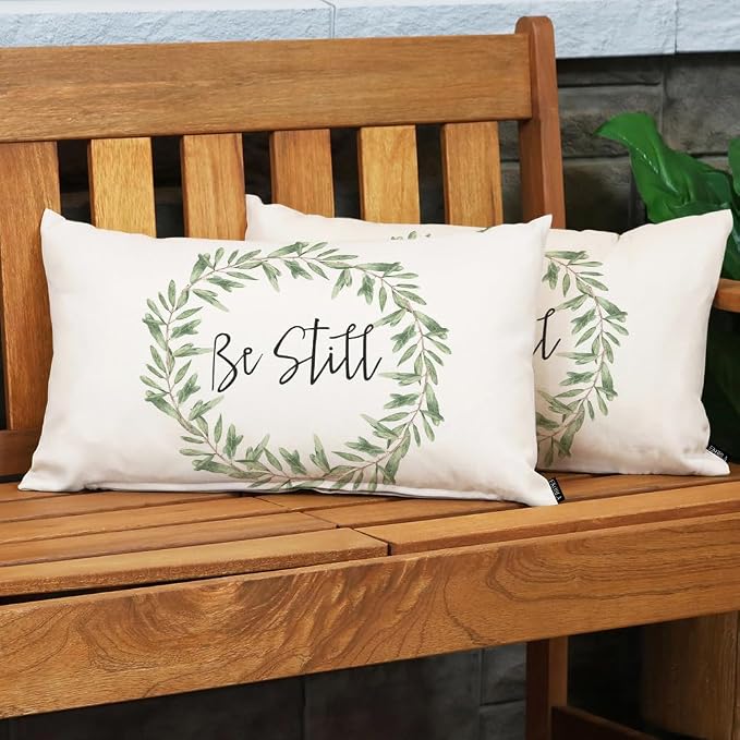 EKOBLA Rustic Be Still Rectangle Throw Pillow Case Green Olive Wreath Leaves - Image 3