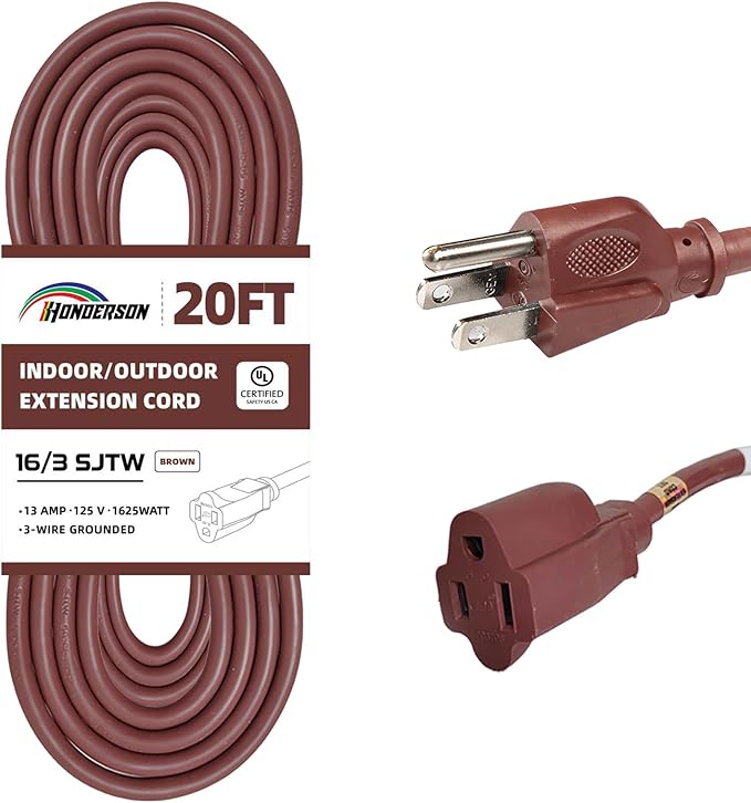 20FT Brown Outdoor Extension Cord-16/3 SJTW Durable Extension Cord by HONDERSON