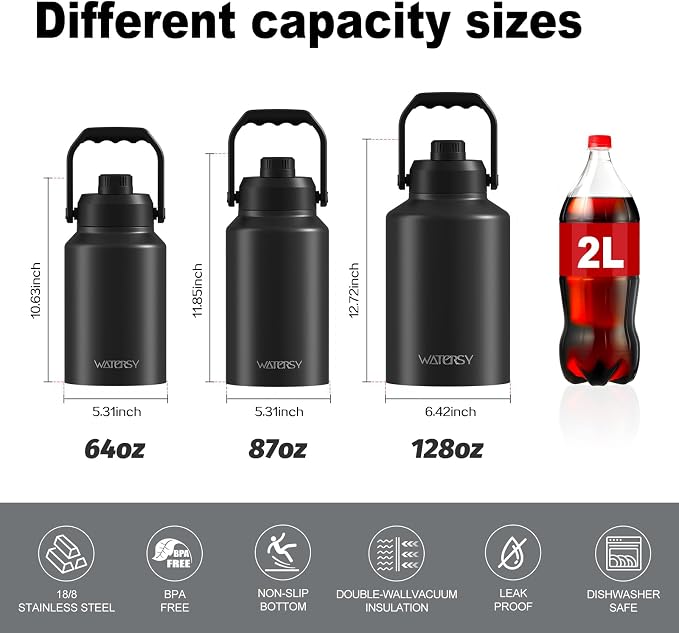 WATERSY 1 Gallon Water Bottle Insulated, BPA Free&Leak Proof, 128oz Stainless - Image 3