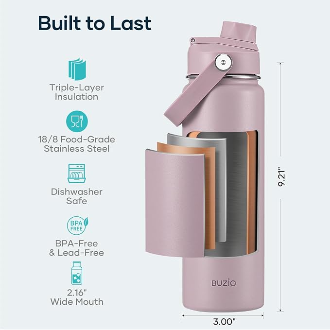 BUZIO 24 oz Water Bottle Insulated, Leakproof Stainless Steel Flask, Wide Mouth - Image 4