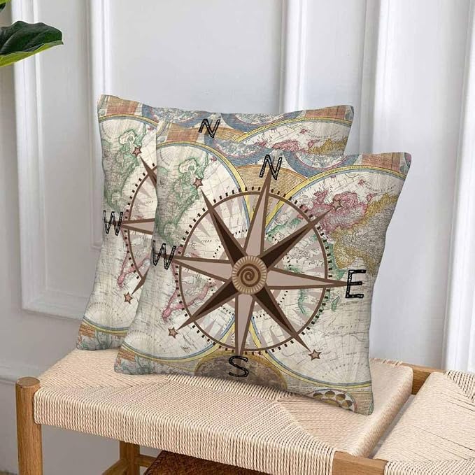 Nautical Compass Throw Pillow Covers 18x18 Historical World Map Earth - Image 4
