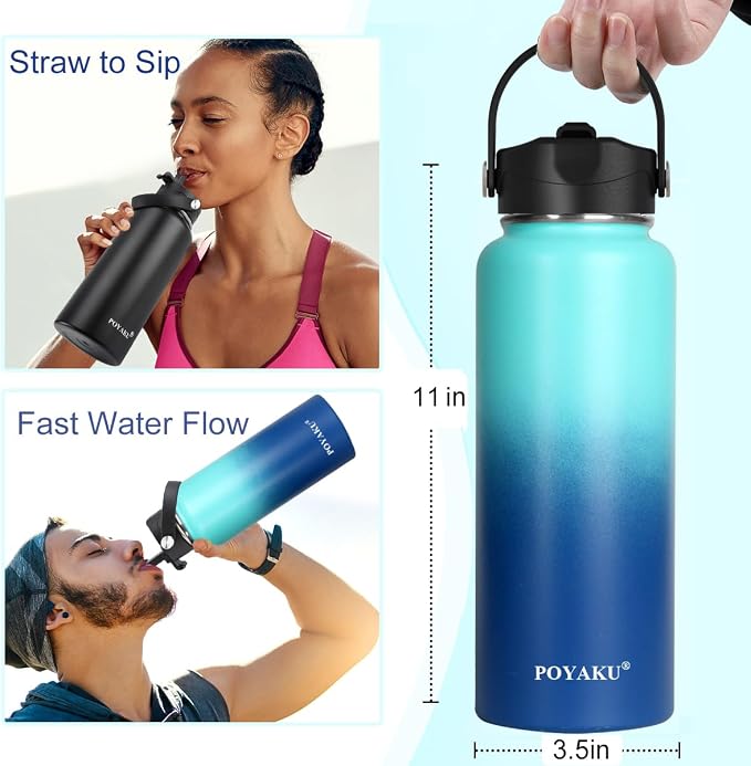 Water Bottle Insulated 32oz 40oz 64oz 128oz Straw Lid Spout Lid & 3 Lids - Image 3