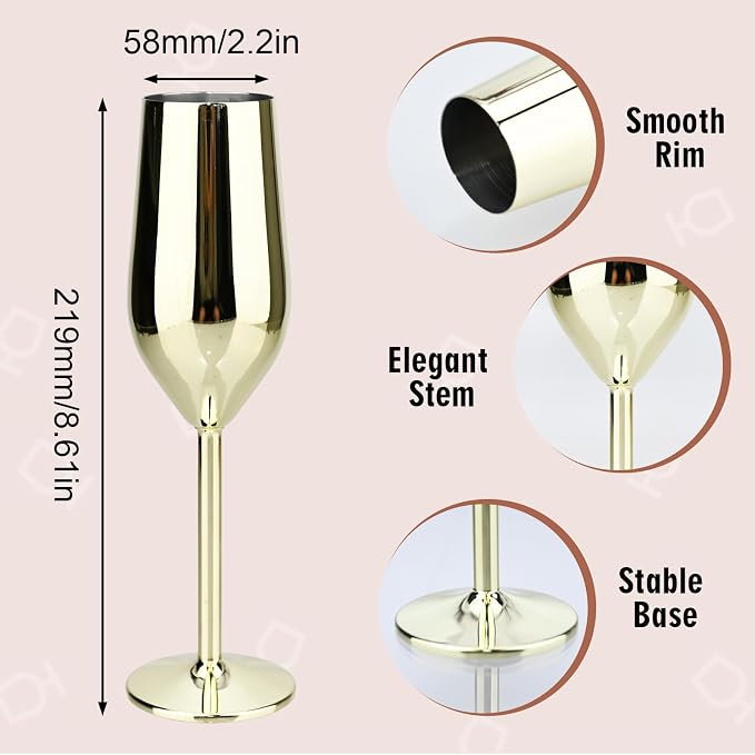 TJ Unbreakable 8 Oz Stainless Steel Champagne Flutes- Gold Champagne Glasses - Image 3
