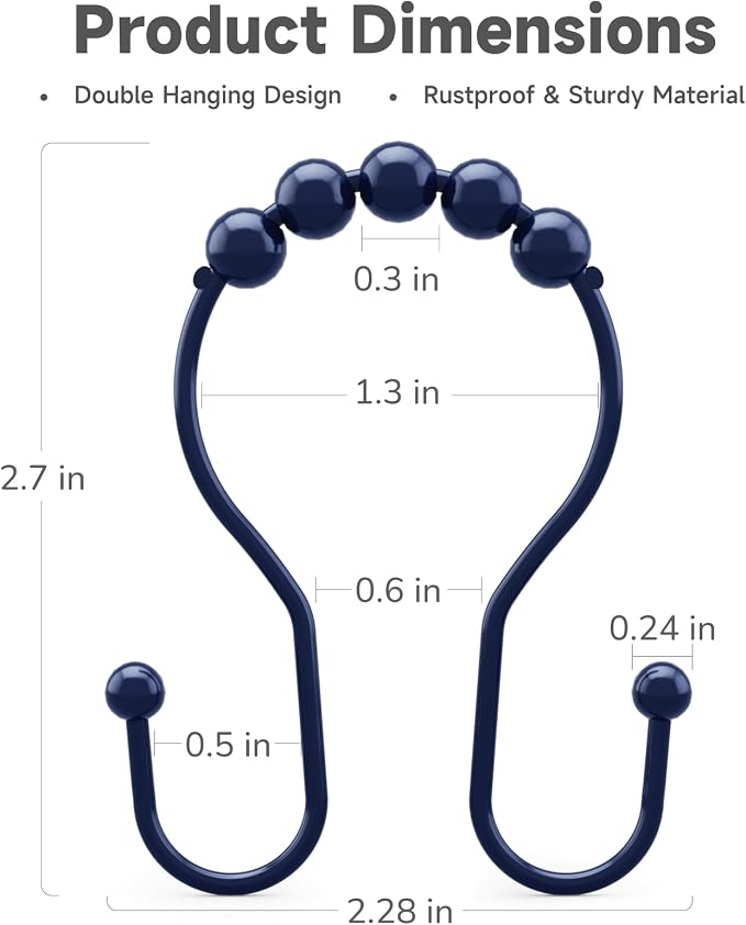 Bathway Shower Curtain Hooks, Shower Curtain Rings Rust Proof Navy Blue Double - Image 5
