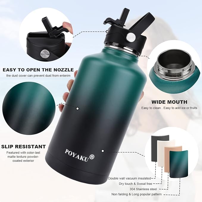 Water Bottle Insulated 32oz 40oz 64oz 128oz Straw Lid Spout Lid & 3 Lids - Image 3