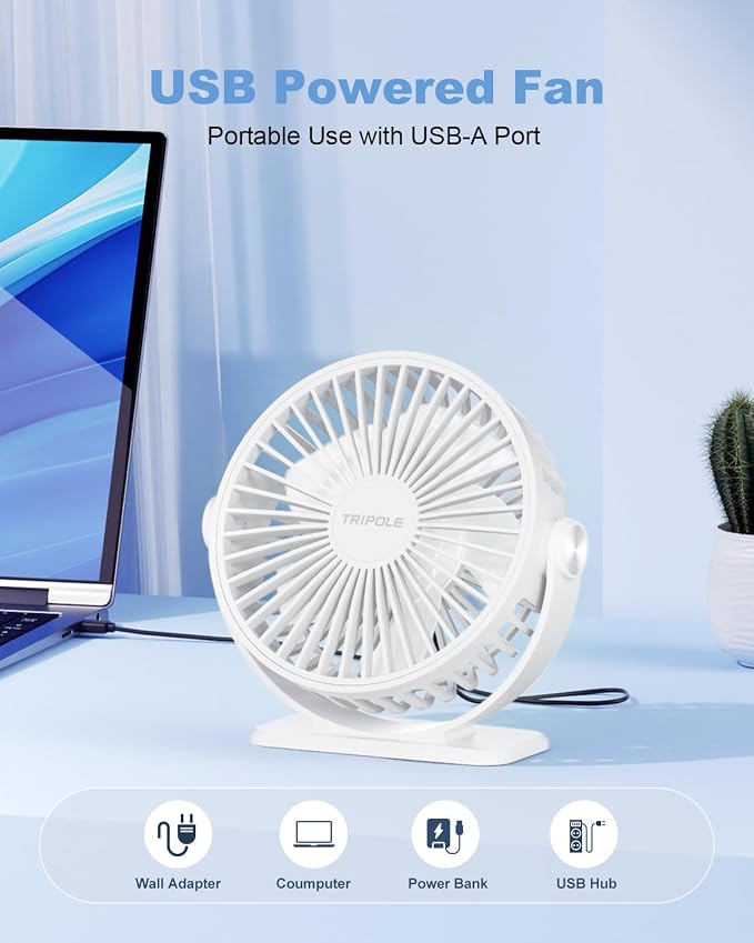 TriPole Desk Fan USB Powered Mini Portable Fan, 3 Speeds Adjustable Strong - Image 4